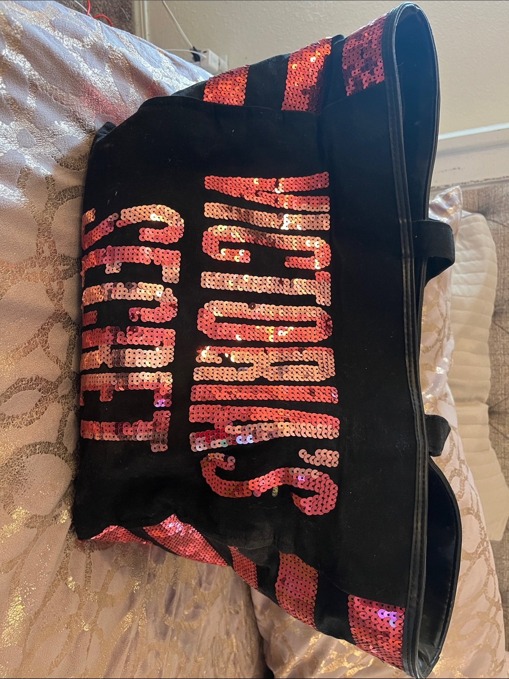 Victoria's Secret Black Tote with Pink Sequin Logo Stripes